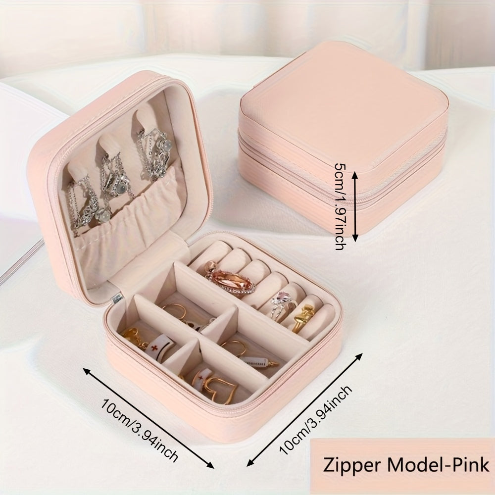 Travel Friendly Storage Box, Pink Synthetic Leather Jewelry Box for Earrings, Necklaces, Rings