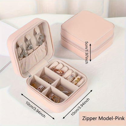 Travel Friendly Storage Box, Pink Synthetic Leather Jewelry Box for Earrings, Necklaces, Rings