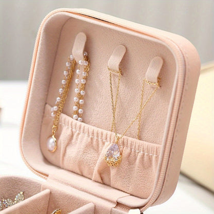Travel Friendly Storage Box, Pink Synthetic Leather Jewelry Box for Earrings, Necklaces, Rings