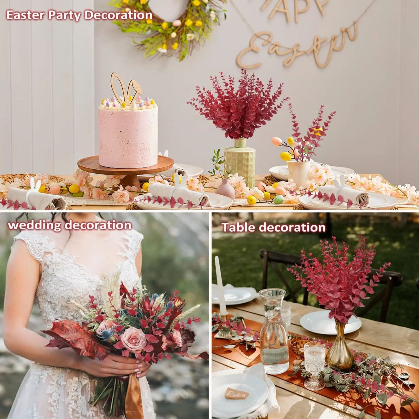 Red Eucalyptus Faux Stems – Lifelike Decorative Branches for Home, Event & Holiday Floral Designs