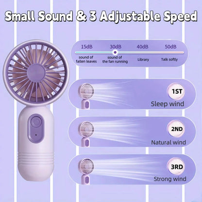 Mini Handheld USB Rechargeable Fan with 3-Speed Strong Wind for Travel, Desk & Outdoor Use