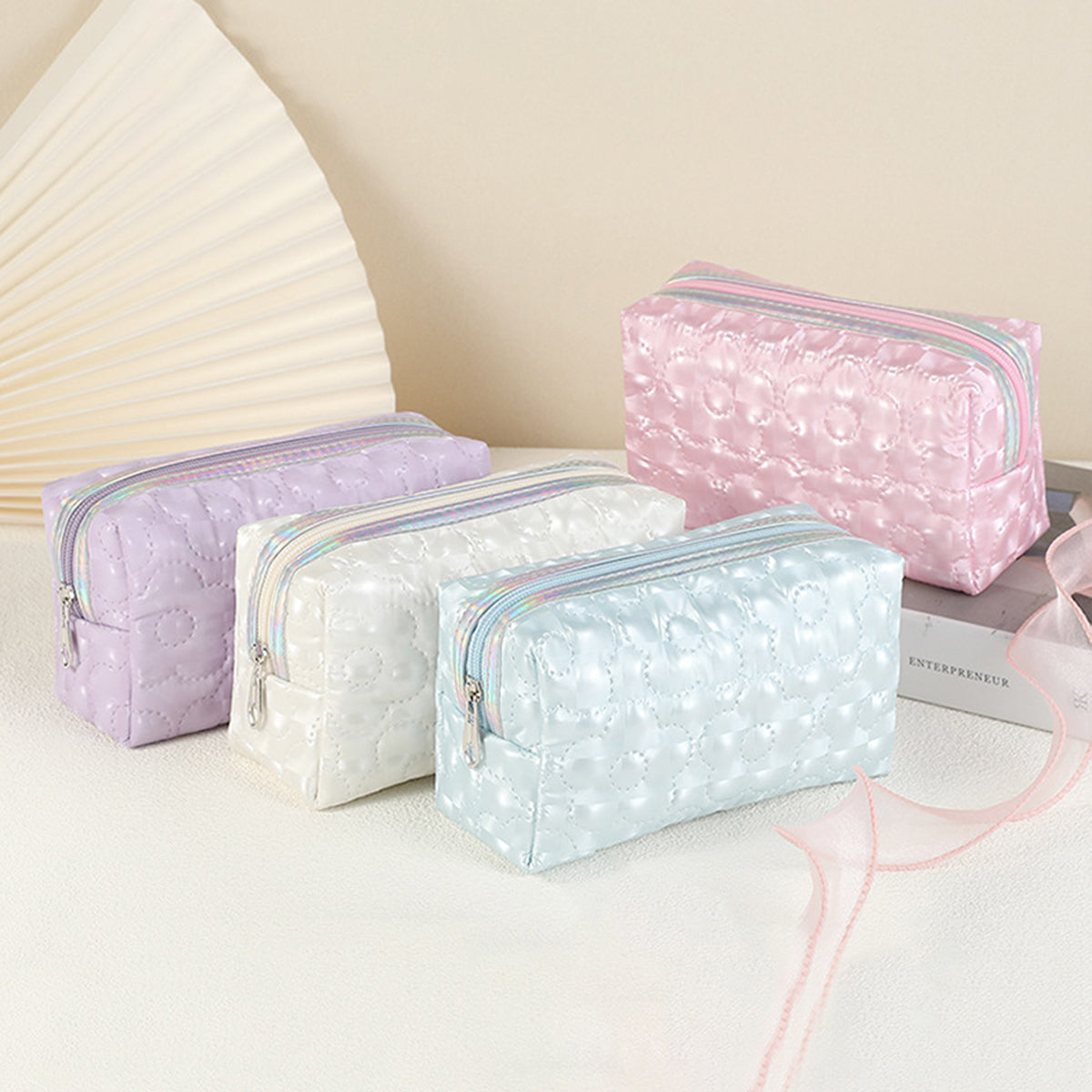Portable Desk Stationery Organizer Bag for Study and Office, Exquisite Floral Pattern Storage Pouch with Glitter Fabric