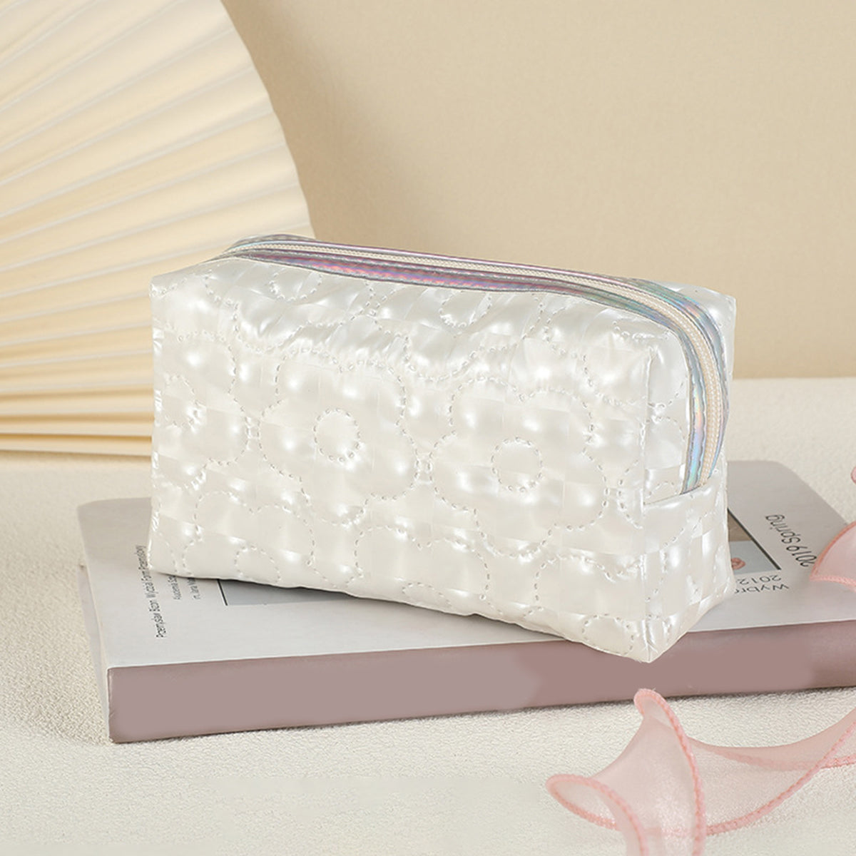 Portable Desk Stationery Organizer Bag for Study and Office, Exquisite Floral Pattern Storage Pouch with Glitter Fabric