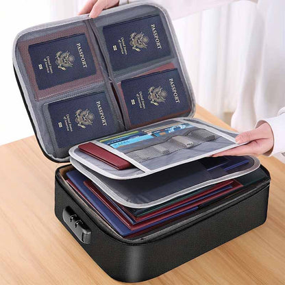 Water-resistant Zipper Portable Laptop, Fireproof Black Document Bag, Multi-compartment File Certificates Organizer Box