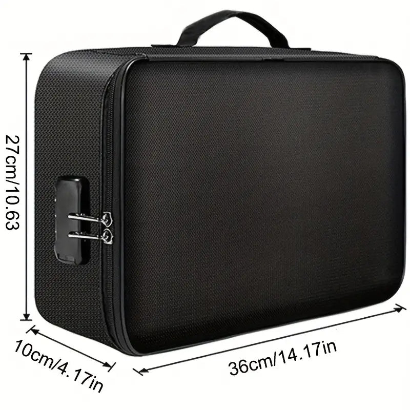 Water-resistant Zipper Portable Laptop, Fireproof Black Document Bag, Multi-compartment File Certificates Organizer Box
