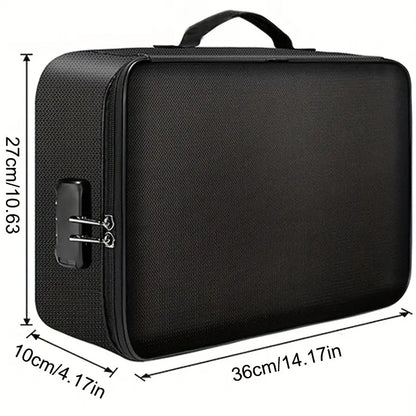 Water-resistant Zipper Portable Laptop, Fireproof Black Document Bag, Multi-compartment File Certificates Organizer Box