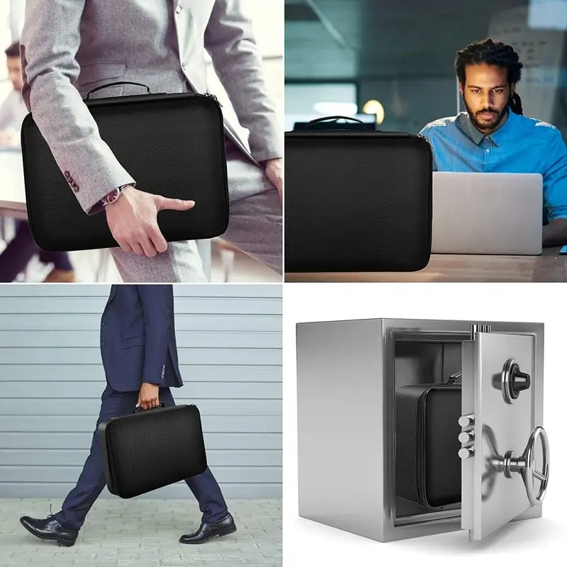 Water-resistant Zipper Portable Laptop, Fireproof Black Document Bag, Multi-compartment File Certificates Organizer Box
