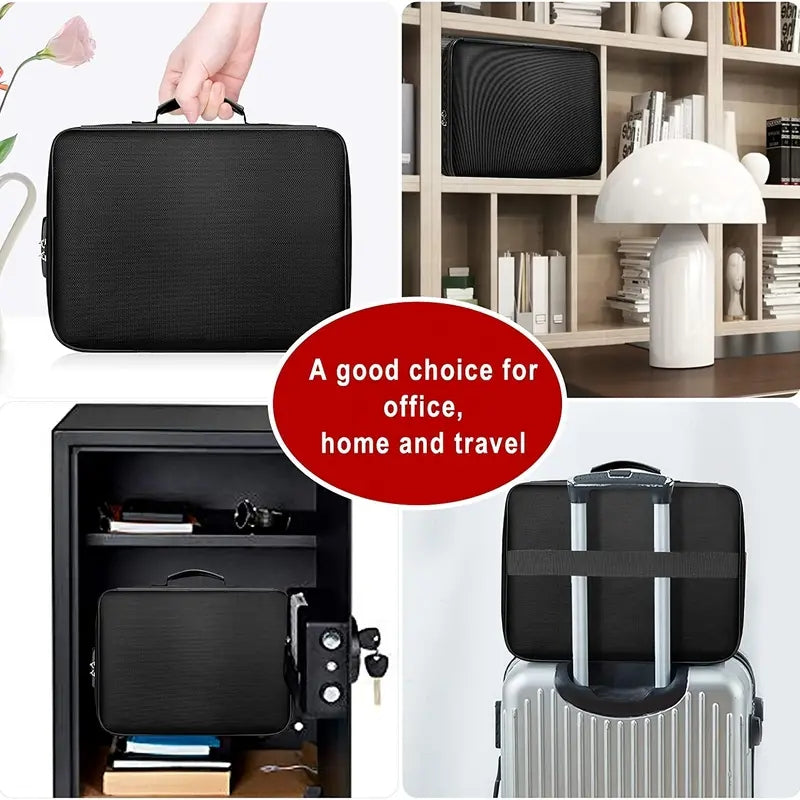 Water-resistant Zipper Portable Laptop, Fireproof Black Document Bag, Multi-compartment File Certificates Organizer Box