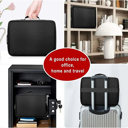 Water-resistant Zipper Portable Laptop, Fireproof Black Document Bag, Multi-compartment File Certificates Organizer Box