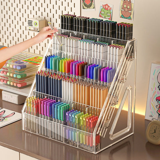 Large Capacity Acrylic Storage Rack, Watercolor Pencil Organizer, Desktop Marker Pen Storage Box with Partition for Stat
