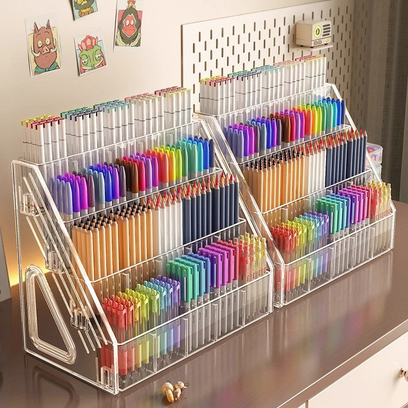 Large Capacity Acrylic Storage Rack, Watercolor Pencil Organizer, Desktop Marker Pen Storage Box with Partition for Stat