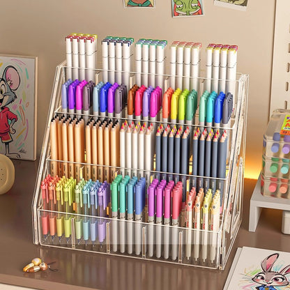 Large Capacity Acrylic Storage Rack, Watercolor Pencil Organizer, Desktop Marker Pen Storage Box with Partition for Stat