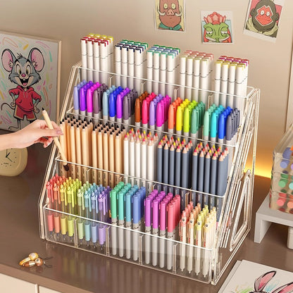 Large Capacity Acrylic Storage Rack, Watercolor Pencil Organizer, Desktop Marker Pen Storage Box with Partition for Stat