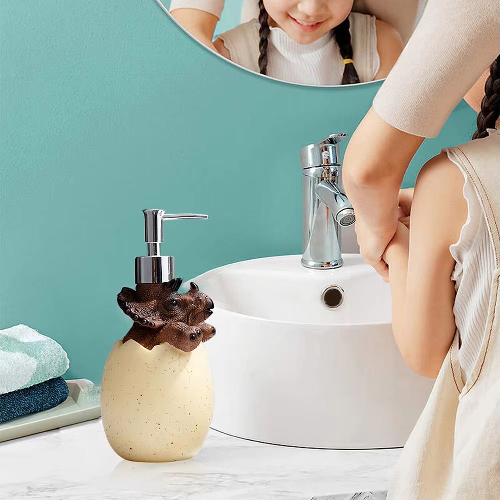 Cute Dinosaur Reusable Liquid Soap Dispenser with Leak Proof Pump for Bathroom and Vanity Use