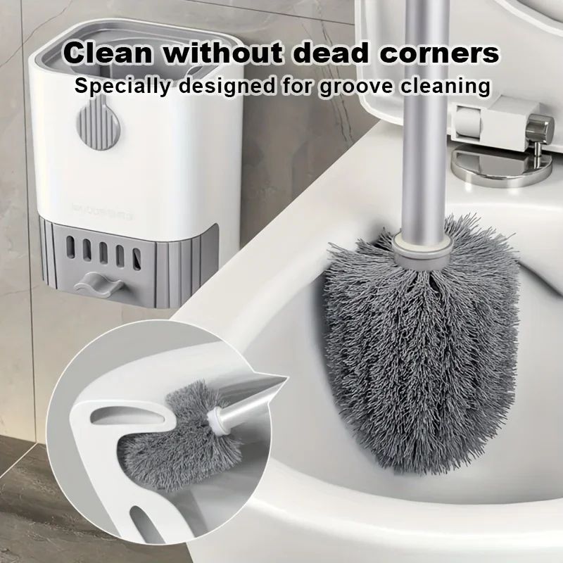 Wall Mounted Silicone Toilet Brush Set with Holder – Flexible Long Handle Bathroom Cleaning Brush