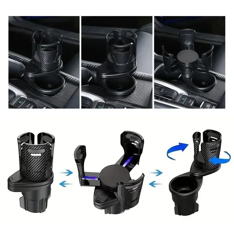 Adjustable Dual Cup Holder Expander with Phone Mount for Cars