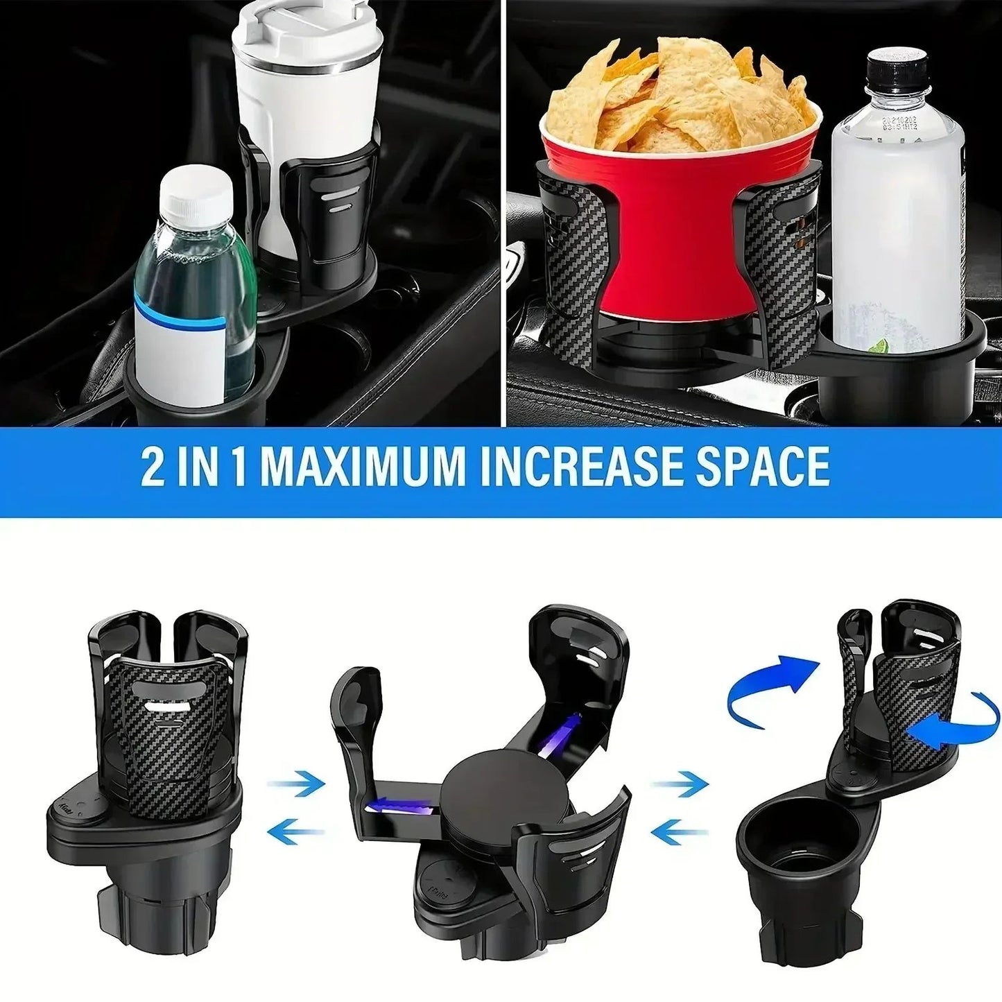 Adjustable Dual Cup Holder Expander with Phone Mount for Cars
