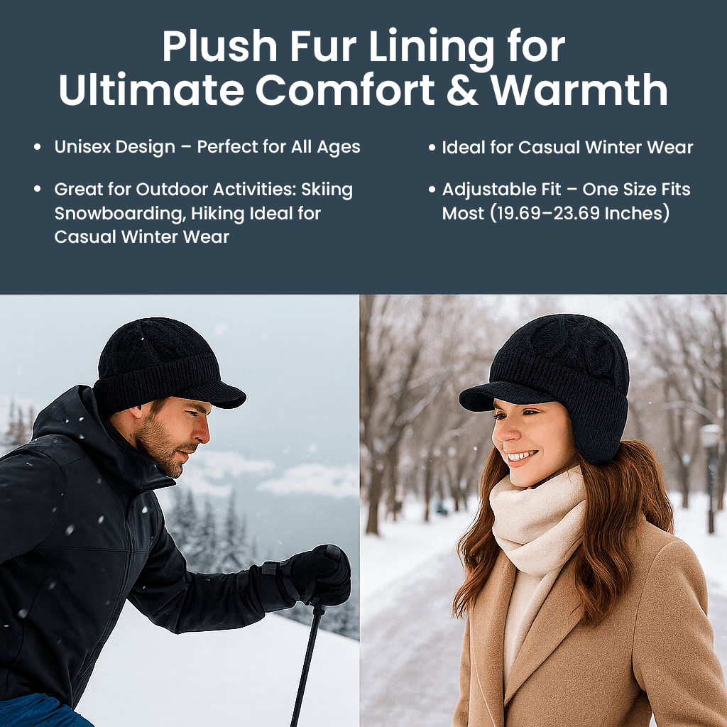 Winter Earflap Beanie for Cold Wind Protection, Thick Knit Hat with Plush Lining