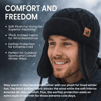 Winter Earflap Beanie for Cold Wind Protection, Thick Knit Hat with Plush Lining