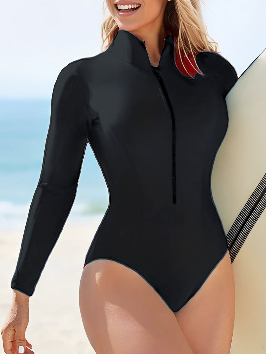 Slim Rush Guard Long Sleeve Surfing Swimsuit, Women With Zipper Solid Swimwear for Female Bathers Swim Suit
