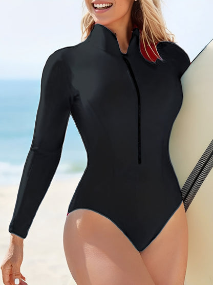 Slim Rush Guard Long Sleeve Surfing Swimsuit, Women With Zipper Solid Swimwear for Female Bathers Swim Suit