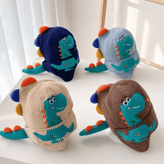 DinoWarm Kids Winter Ear Protection Hat Dinosaur Knitted Beanie