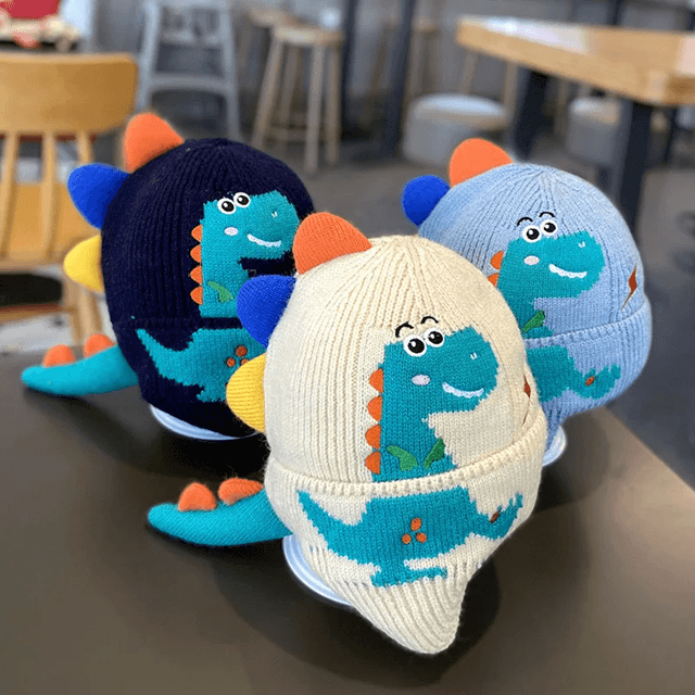 DinoWarm Kids Winter Ear Protection Hat Dinosaur Knitted Beanie