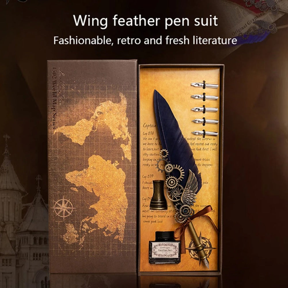 Mechanical Wings Map with Base Antique Feather Dip Pen, Creative Birthday Gift Set for Business Holiday Gifts