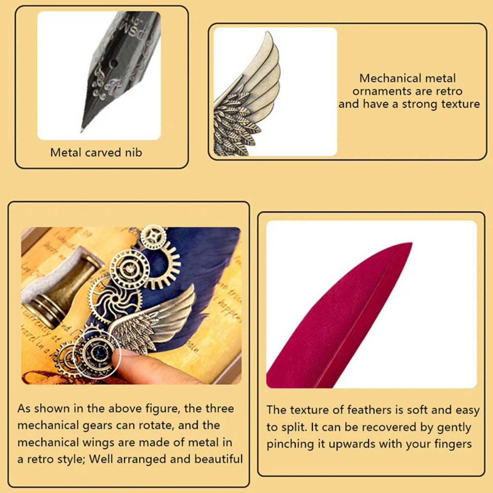 Mechanical Wings Map with Base Antique Feather Dip Pen, Creative Birthday Gift Set for Business Holiday Gifts