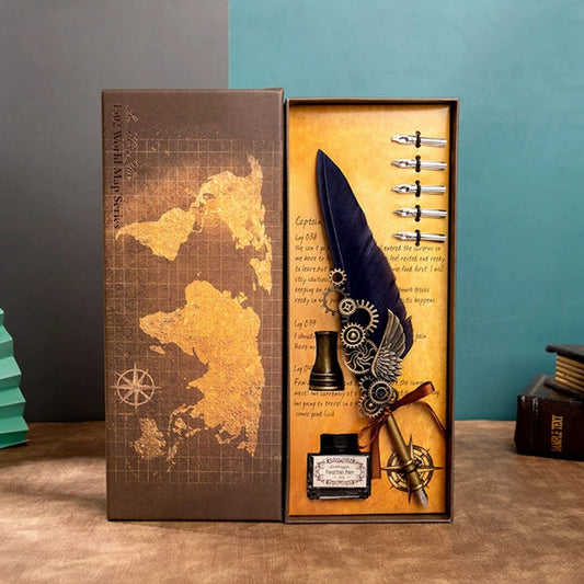 Mechanical Wings Map with Base Antique Feather Dip Pen, Creative Birthday Gift Set for Business Holiday Gifts