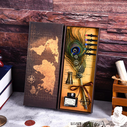 Mechanical Wings Map with Base Antique Feather Dip Pen, Creative Birthday Gift Set for Business Holiday Gifts