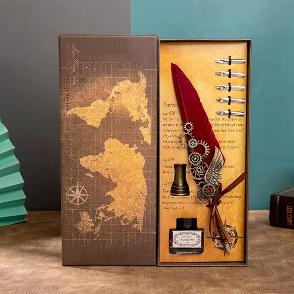 Mechanical Wings Map with Base Antique Feather Dip Pen, Creative Birthday Gift Set for Business Holiday Gifts