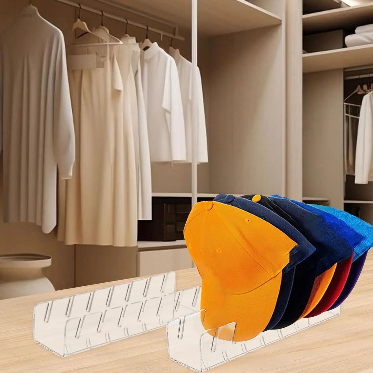 Acrylic Hat Storage Rack with Slots – Clear Baseball Cap Display Organizer for Bedroom & Closet