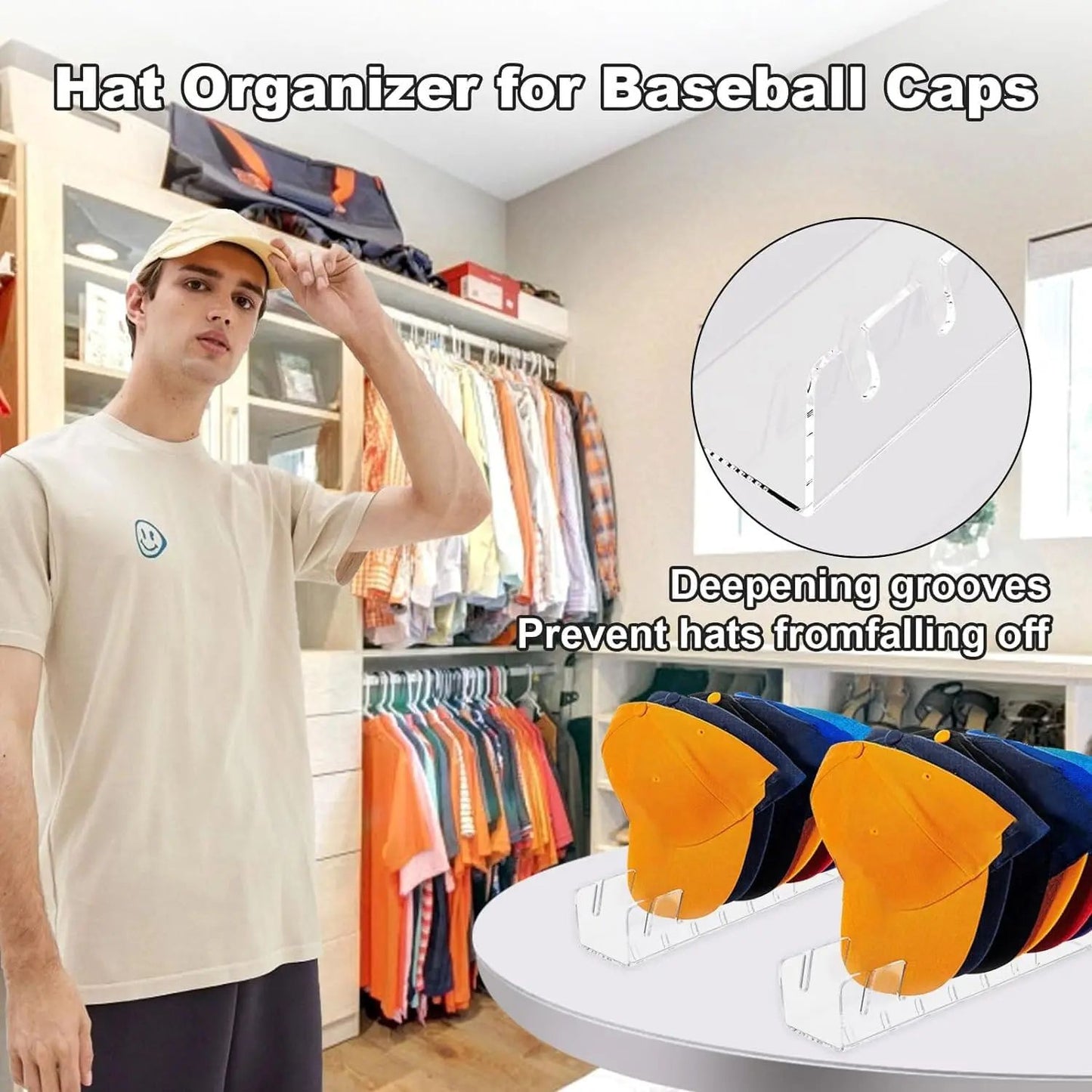 Acrylic Hat Storage Rack with Slots – Clear Baseball Cap Display Organizer for Bedroom & Closet
