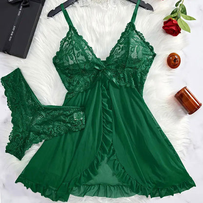 Women's Sexy Lingerie Hot Night Dress, Suspender Suit, Ultra-thin Summer Nightgown, Lace Thong Sets