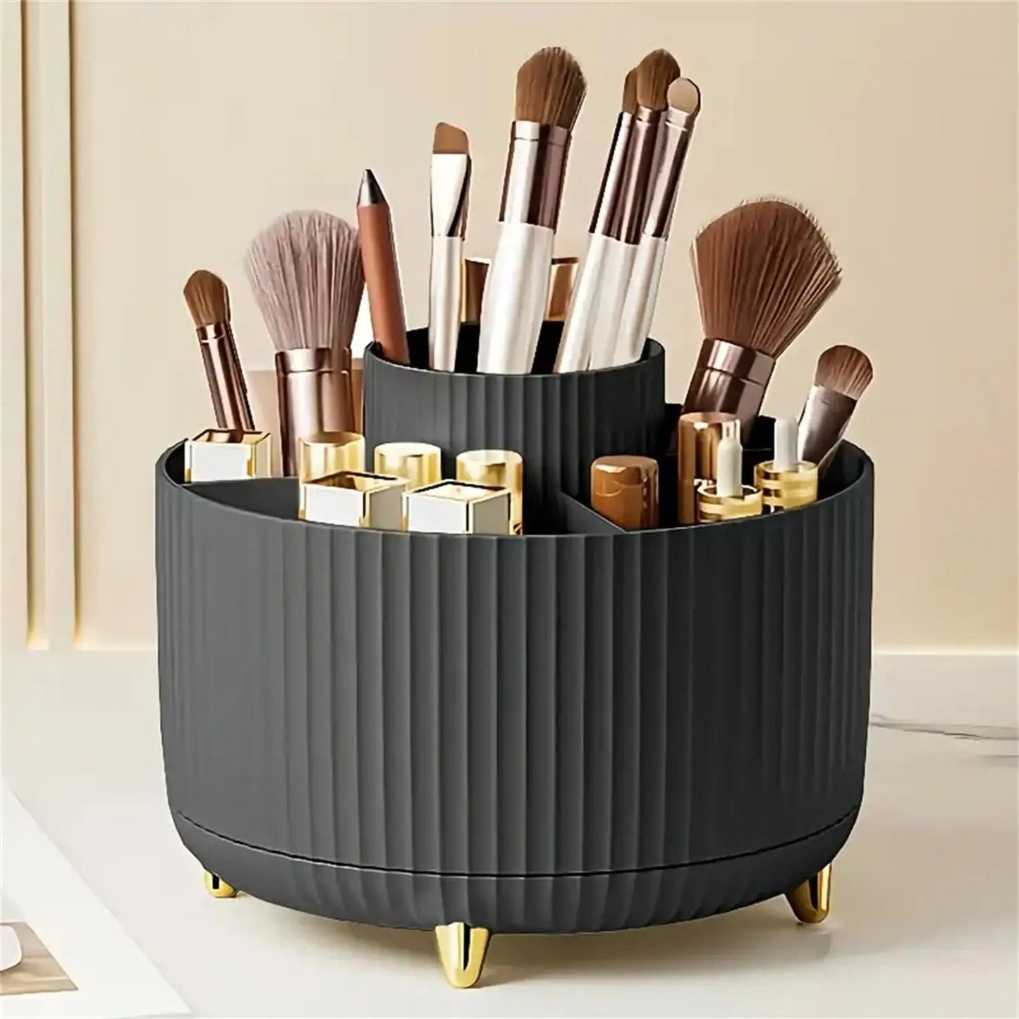 Rotating Makeup Organizer with Brush Holder and Cosmetic Storage Compartments