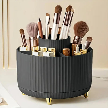 Rotating Makeup Organizer with Brush Holder and Cosmetic Storage Compartments