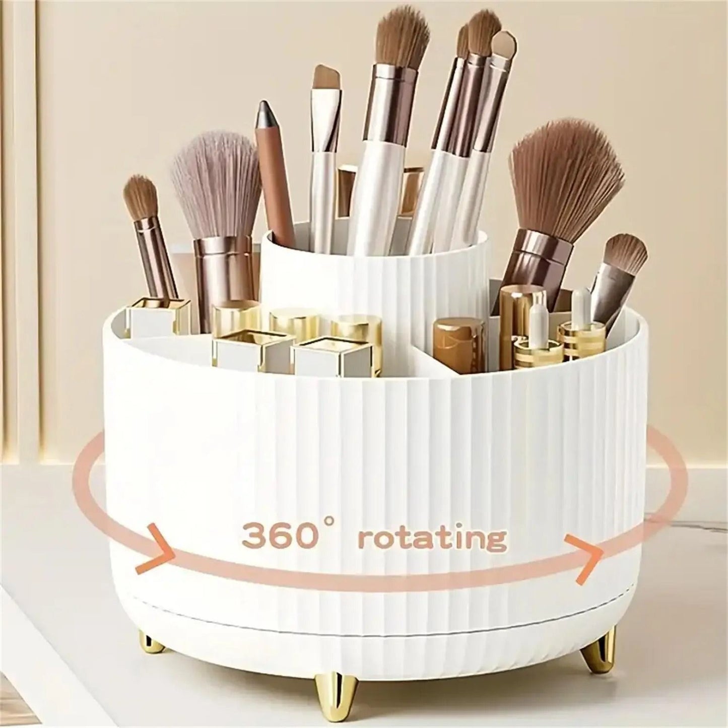 Rotating Makeup Organizer with Brush Holder and Cosmetic Storage Compartments