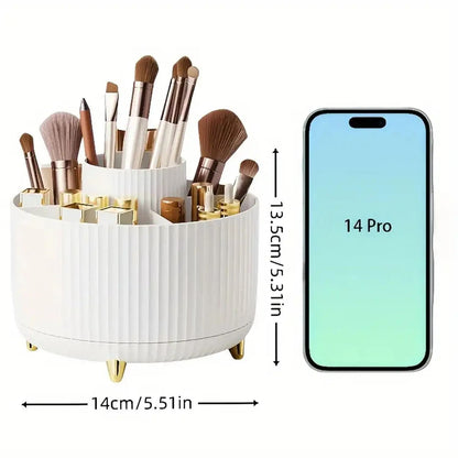 Rotating Makeup Organizer with Brush Holder and Cosmetic Storage Compartments