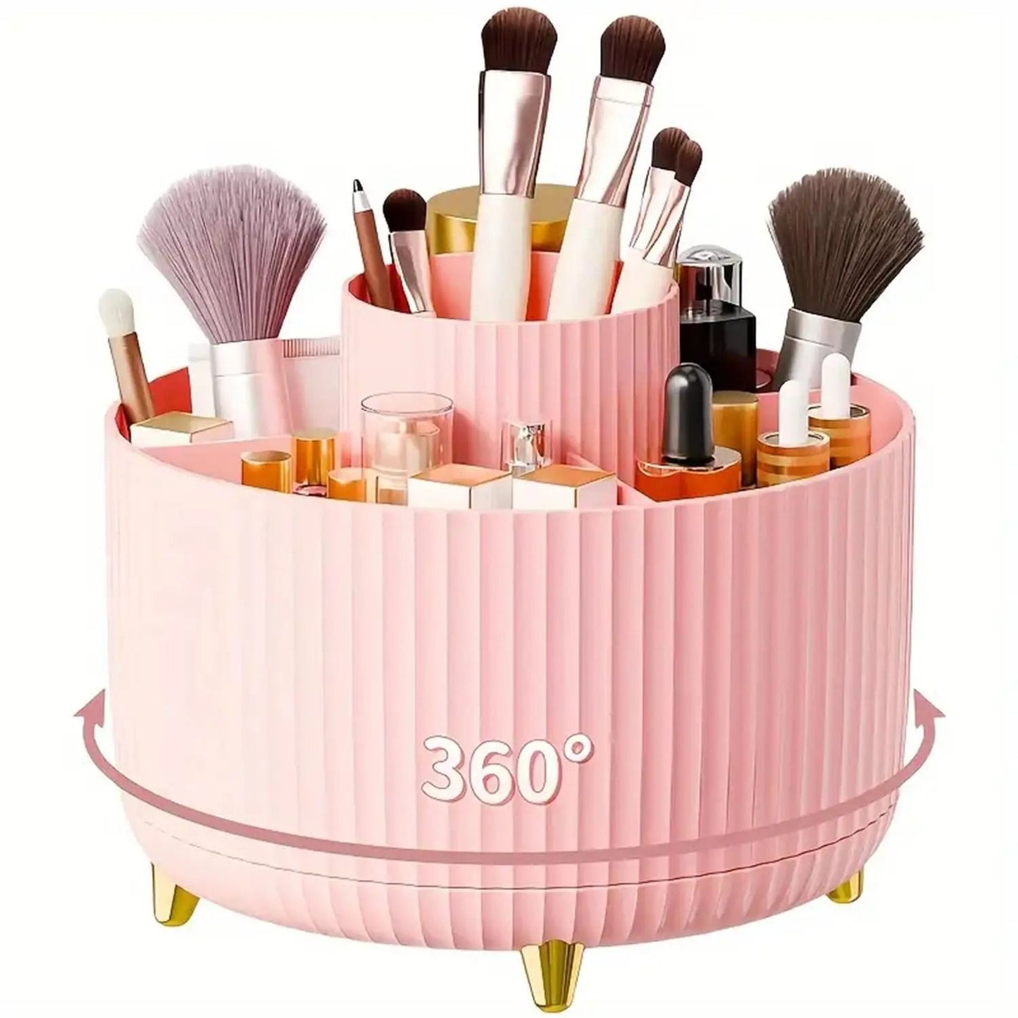 Rotating Makeup Organizer with Brush Holder and Cosmetic Storage Compartments