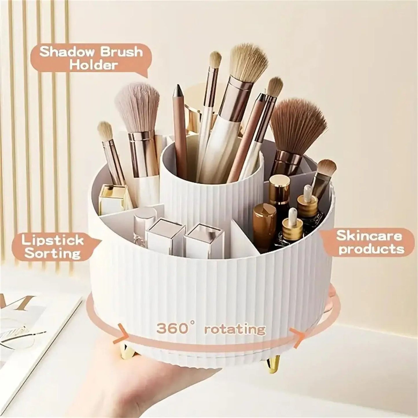 Rotating Makeup Organizer with Brush Holder and Cosmetic Storage Compartments