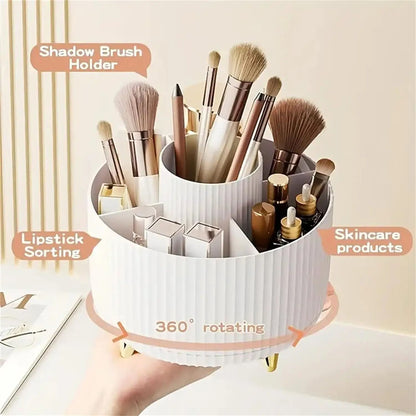 Rotating Makeup Organizer with Brush Holder and Cosmetic Storage Compartments