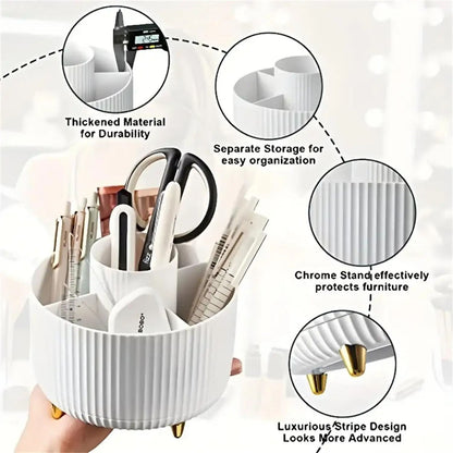 Rotating Makeup Organizer with Brush Holder and Cosmetic Storage Compartments