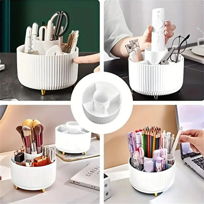 Rotating Makeup Organizer with Brush Holder and Cosmetic Storage Compartments