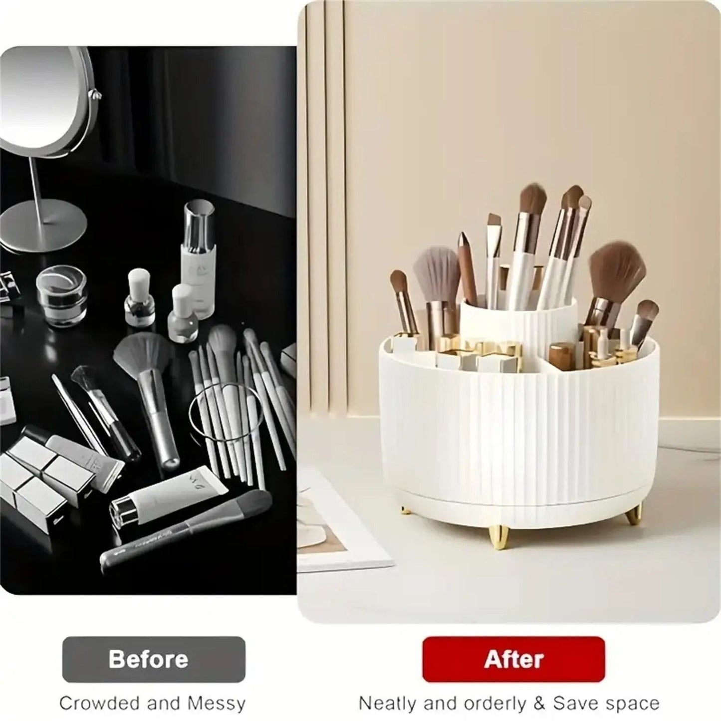 Rotating Makeup Organizer with Brush Holder and Cosmetic Storage Compartments