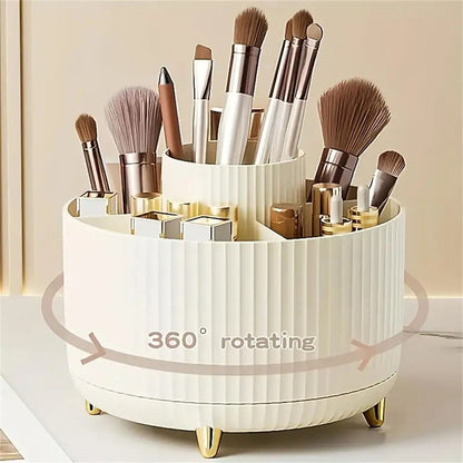 Rotating Makeup Organizer with Brush Holder and Cosmetic Storage Compartments
