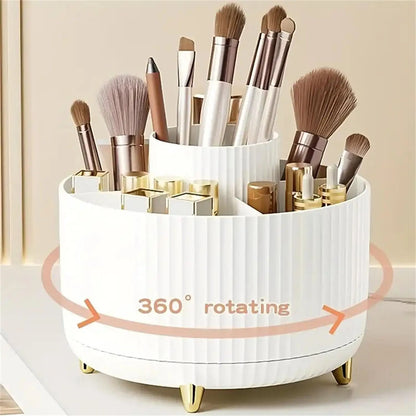 Rotating Makeup Organizer with Brush Holder and Cosmetic Storage Compartments