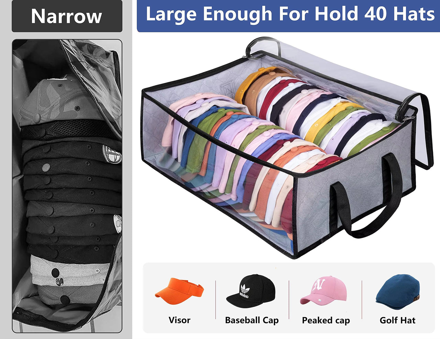 Baseball Cap Storage Organizer – Wide Foldable Hat Rack with Handles, Holds Up to 40 Hats