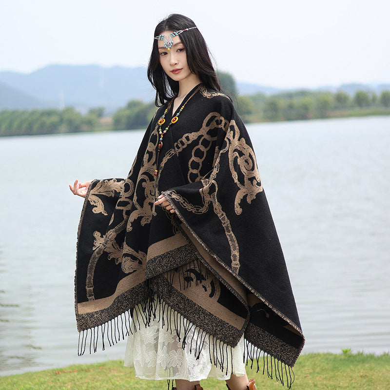 Thick Acrylic Cashmere Cape Long Poncho, Fashion Luxury Jacquard Unisex Travel Winter Shawl