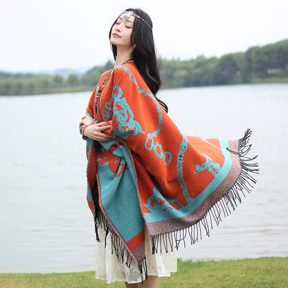 Thick Acrylic Cashmere Cape Long Poncho, Fashion Luxury Jacquard Unisex Travel Winter Shawl